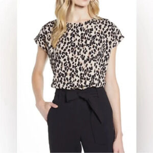 Halogen Leopard Print Cap Sleeve Lightweight Blouse Women's Size XS Black/Brown